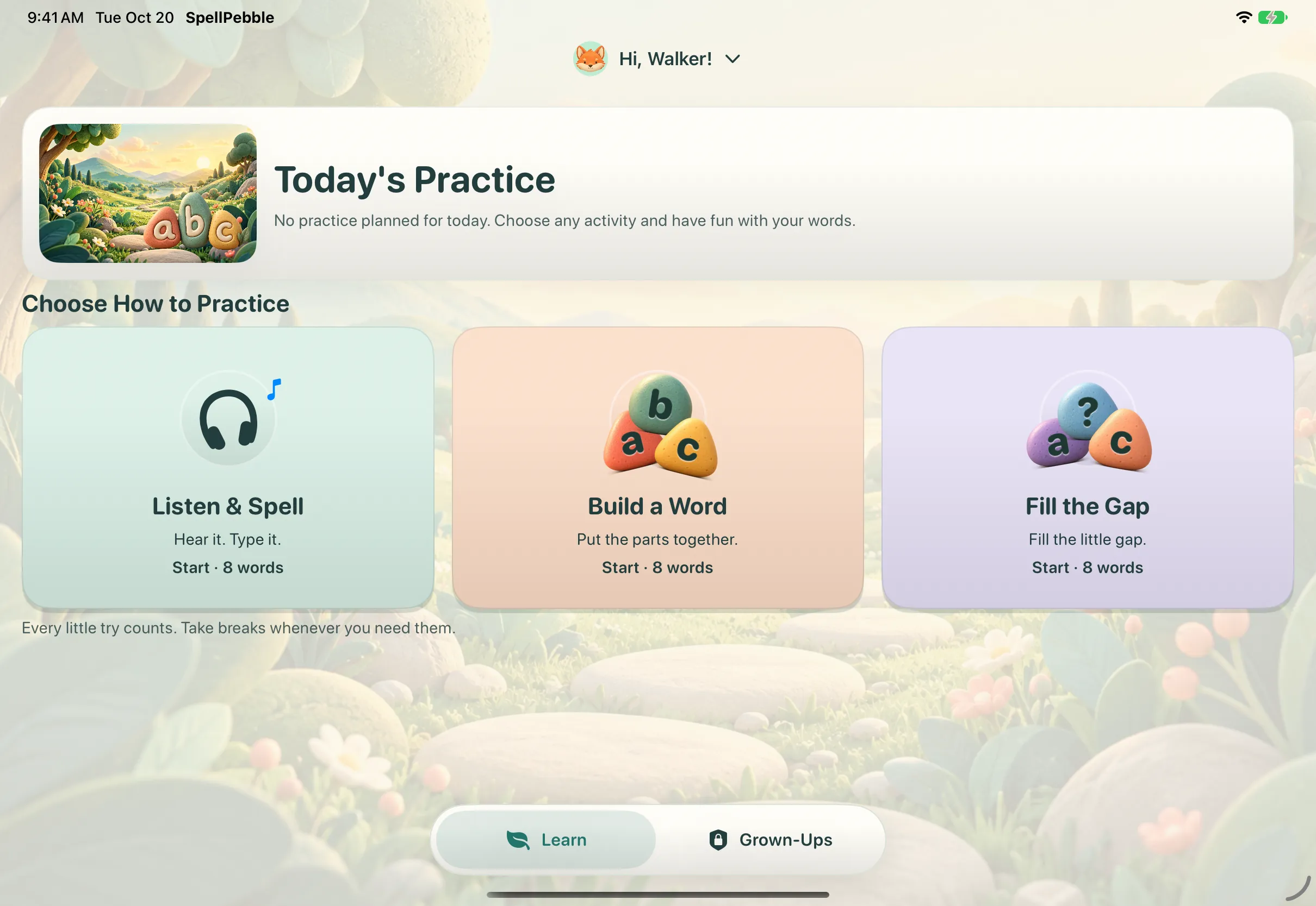 The real SpellPebble Learn screen on iPad, with three spelling activities. Synthetic demo profile.