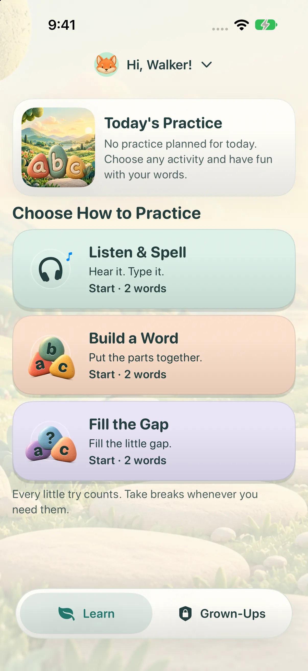 SpellPebble on iPhone: Listen & Spell, Build a Word, and Fill the Gap. Synthetic demo profile.